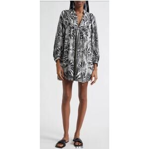 Farm Rio Scarf Print Long Sleeve Linen Blend Minidress Black White SZ XS